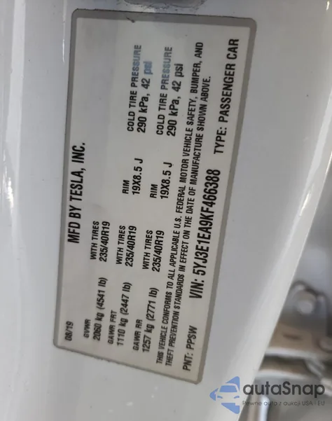 2019 Tesla Model 3 из США, поврежденный, VIN 5YJ3E1EA9KF466388